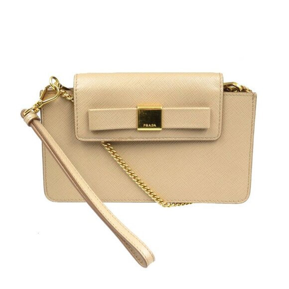 Prada 1 Zh034 Leather Gold Hardware Beige 2-Way Chain Smartphone Case
